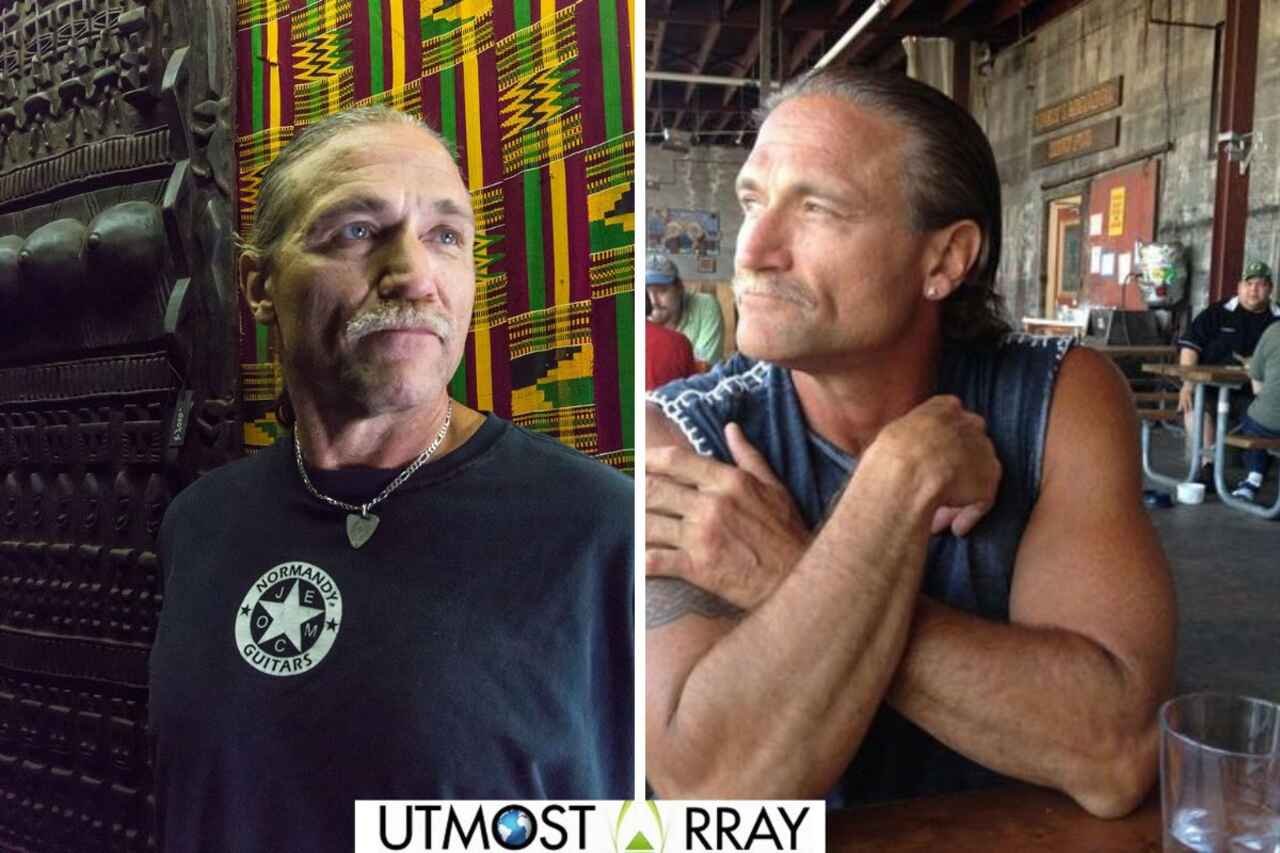 Side-by-side photos of Dave Dahl with a mustache in different settings—one indoors with kente cloth, the other in a casual cafe.