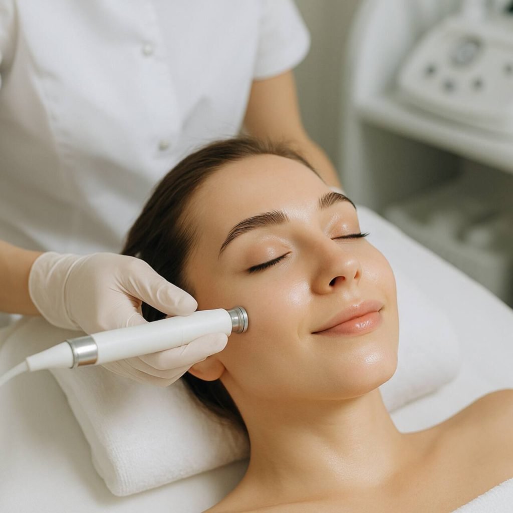 Woman receiving facial rejuvenation treatment for improved skin quality.