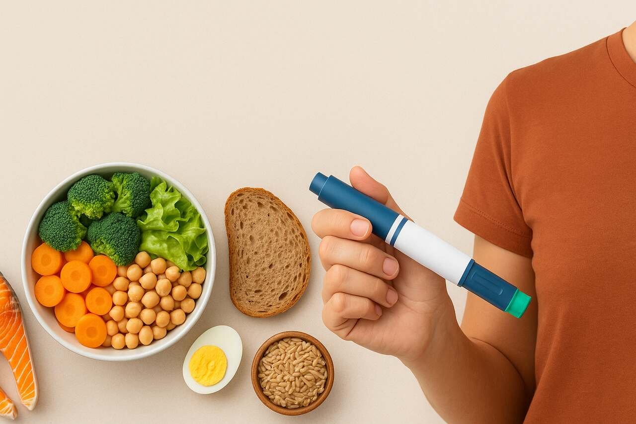 Person holding GLP-1 injection pen with healthy foods around