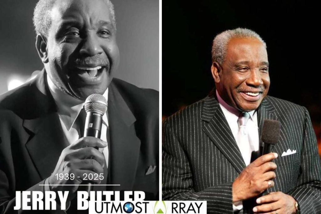 How Much Was Jerry Butler Net Worth? A Deep Dive into the ‘Ice Man’ Legacy The left image is a black-and-white photo showing him singing into a microphone, smiling warmly, with text overlay that reads "1939 – 2025 JERRY BUTLER." The right image is a color photo of him wearing a pinstripe suit and holding a microphone, also smiling during a live performance.