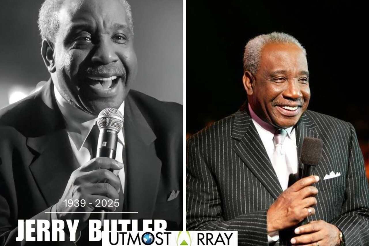The left image is a black-and-white photo showing him singing into a microphone, smiling warmly, with text overlay that reads 