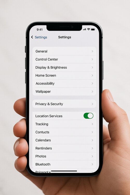 A close-up of a hand holding an iPhone showing the "Settings" screen with "Location Services" enabled.