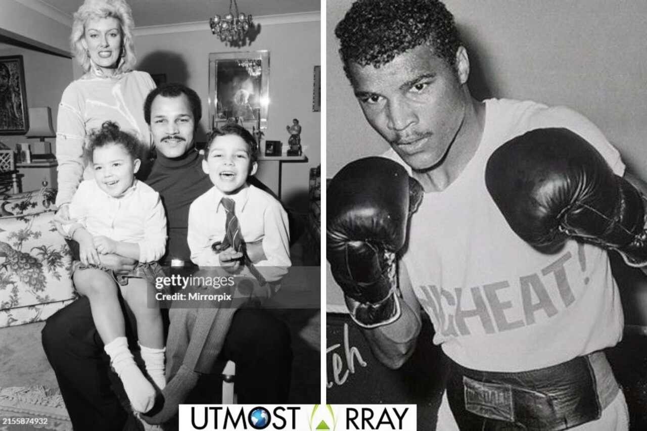 Split image of a family portrait on the left John Conteh boxer in gloves on the right.