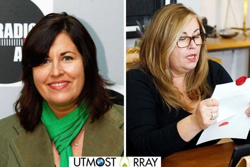 Liza Tarbuck Net Worth – Career Earnings, TV Roles, and Lifestyle Breakdown Liza Tarbuck with dark hair in green scarf on left, and with blonde hair and glasses reading a letter on right.