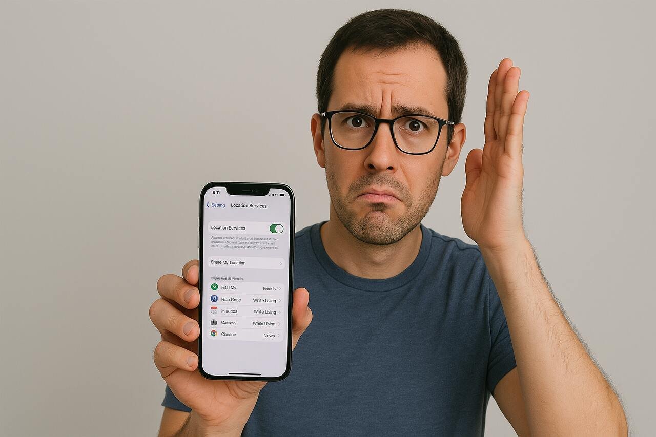 Why You Can’t Share Your Location on iPhone Man holding iPhone showing location settings screen with a confused expression