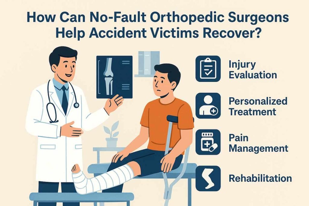 How Can No-Fault Orthopedic Surgeons Help Accident Victims Recover? Orthopedic surgeon helping accident victim recover with treatment and rehab plan.