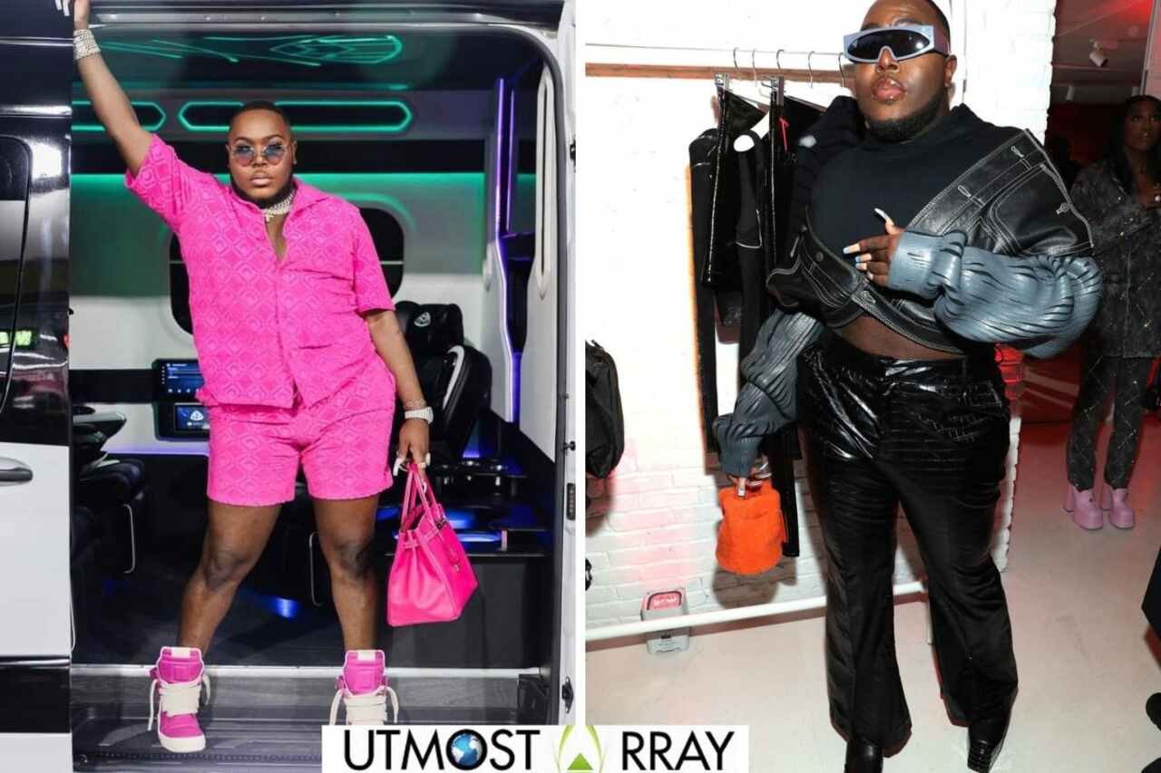 Saucy Santana in pink outfit outside van and in black leather look at fashion event.