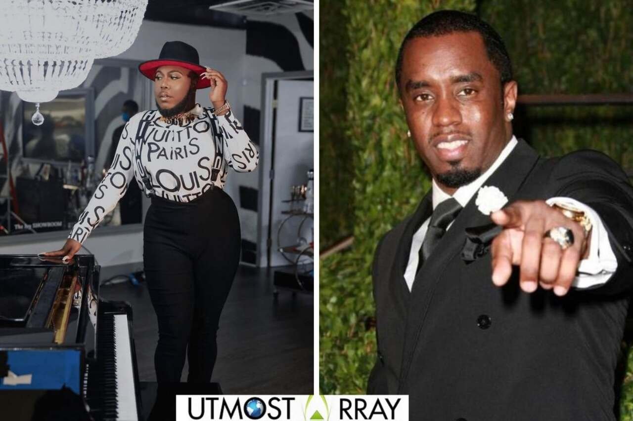 Split image of Saucy Santana posing stylishly indoors beside a grand piano and Diddy pointing at the camera in a black suit.