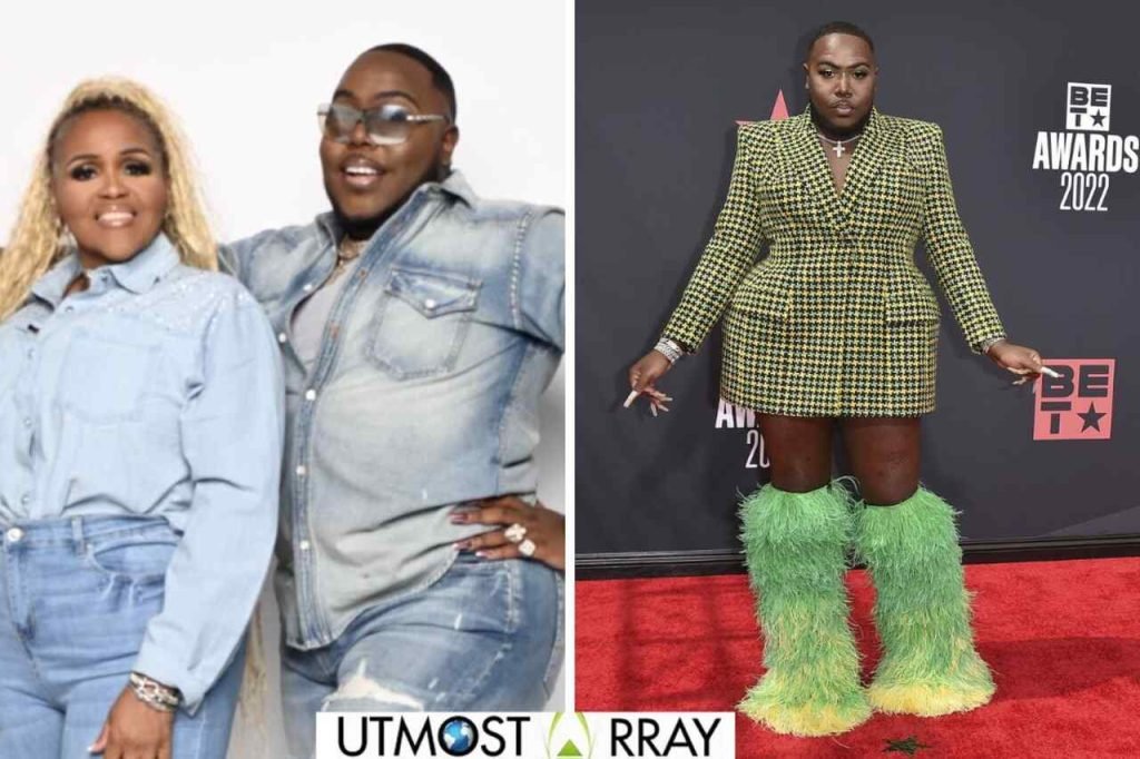 Adrianne Michelle Spain Journey as Saucy Santana Mom from Pain to Faith Saucy Santana in denim with his mom, and in a green blazer dress with feathered boots at the BET Awards 2022.