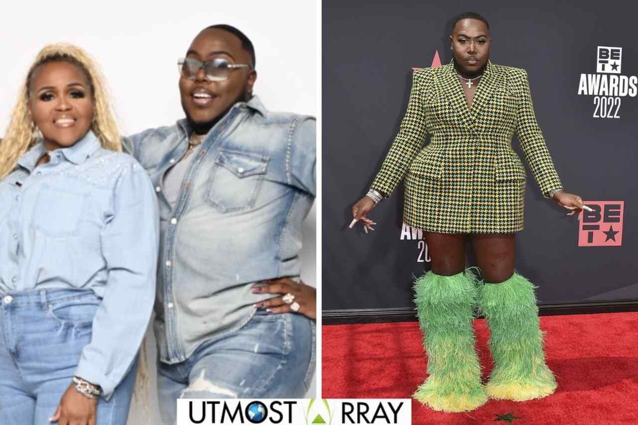 Saucy Santana in denim with his mom, and in a green blazer dress with feathered boots at the BET Awards 2022.