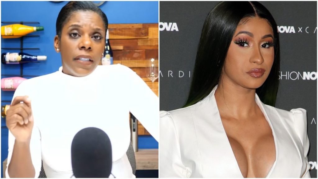 Tasha K Relocates to Florida After Losing Appeal in Cardi B Defamation Lawsuit Split image of Tasha K speaking into a microphone and Cardi B posing on a red carpet.