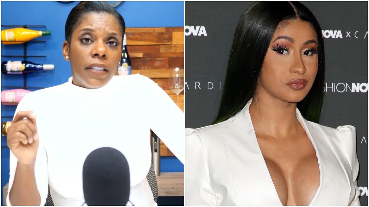 Split image of Tasha K speaking into a microphone and Cardi B posing on a red carpet.