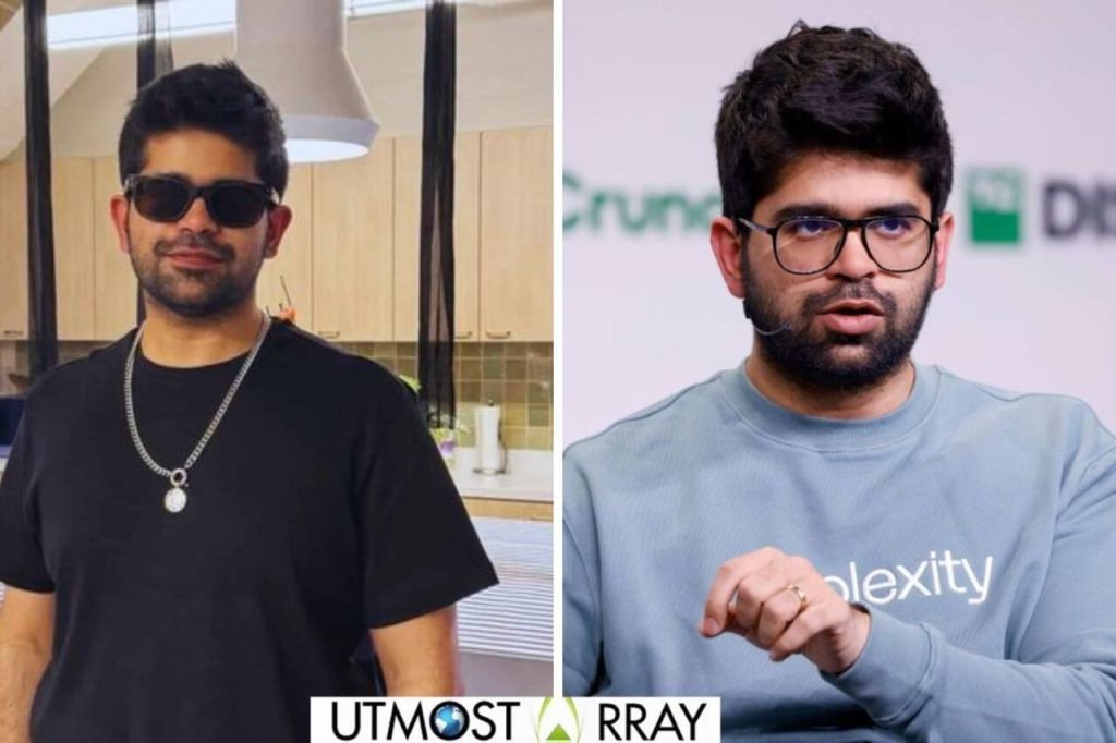 Aravind Srinivas Net Worth Insights & What Fuels His Wealth Growth on the left Aravind Srinivas wears sunglasses, a black t-shirt, and a chain necklace indoors, while on the right he wears glasses and a blue sweatshirt, speaking during an event.