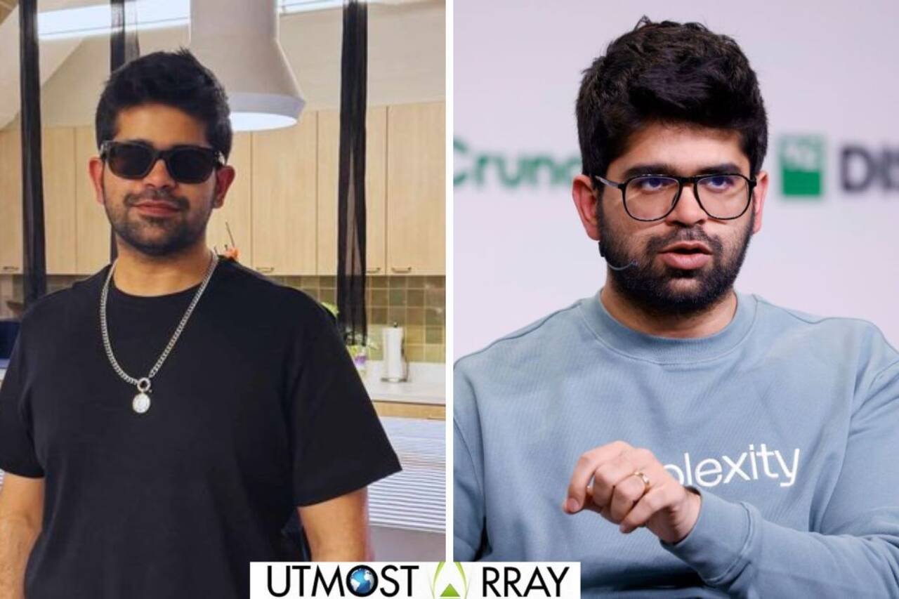 on the left Aravind Srinivas wears sunglasses, a black t-shirt, and a chain necklace indoors, while on the right he wears glasses and a blue sweatshirt, speaking during an event.
