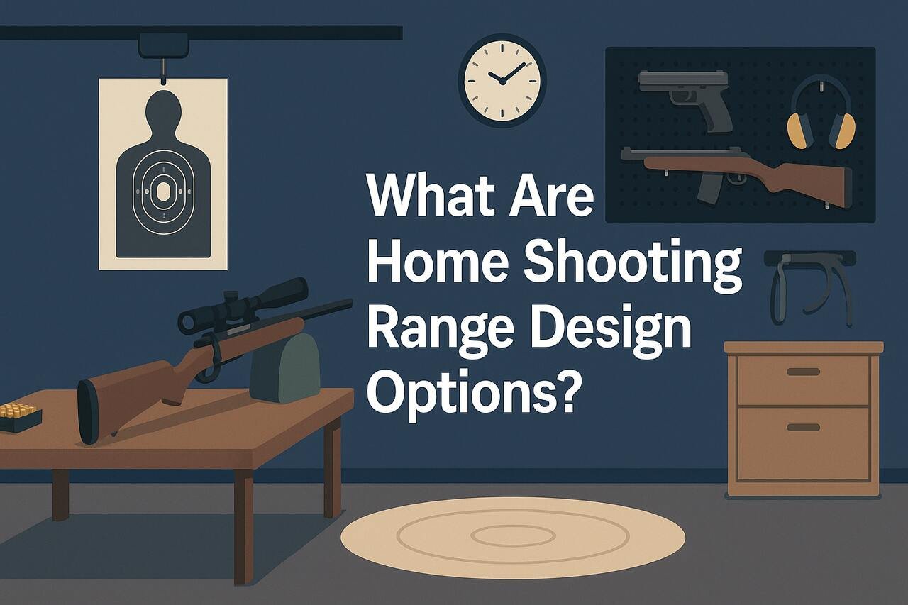 Home shooting range with target area, bench, and gear storage.