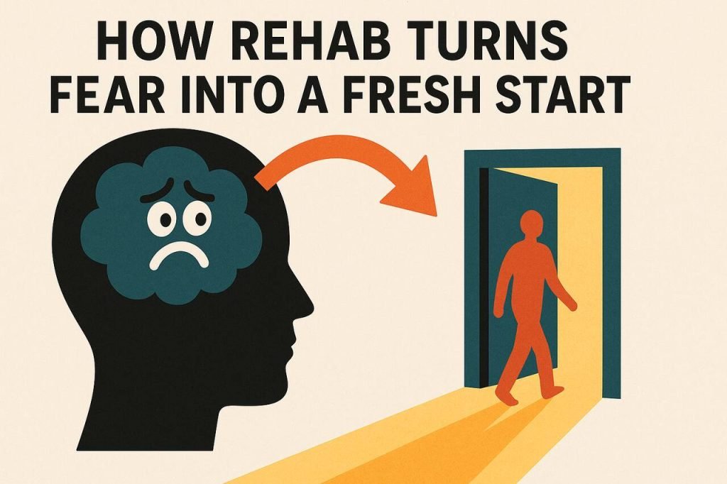How Rehab Turns Fear Into a Fresh Start Illustration of fear turning into hope as a person walks through a door from darkness to light.