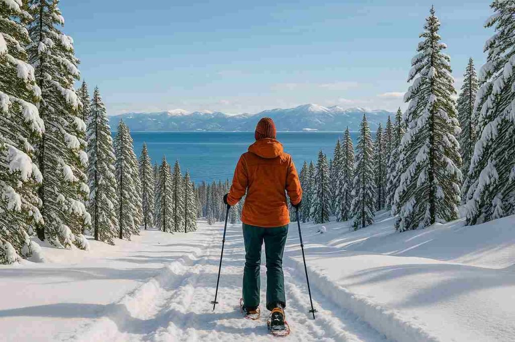 The Ultimate Guide to Snowshoeing in North Lake Tahoe: Trails, Tips & Tours Snowshoer walking a snowy trail toward Lake Tahoe with pine trees on both sides.
