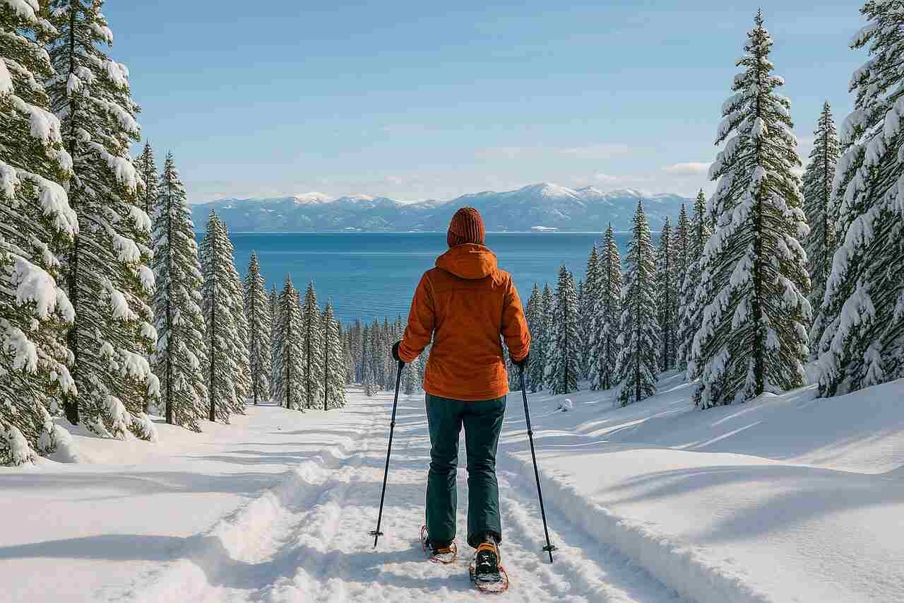 Snowshoer walking a snowy trail toward Lake Tahoe with pine trees on both sides.