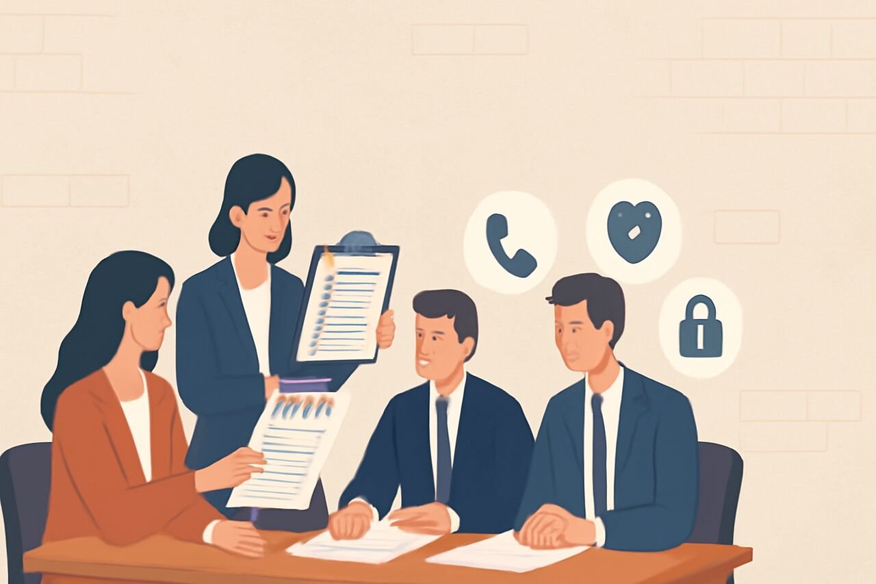 Business team analyzing TCPA compliance documents and data protection measures for telemarketing.