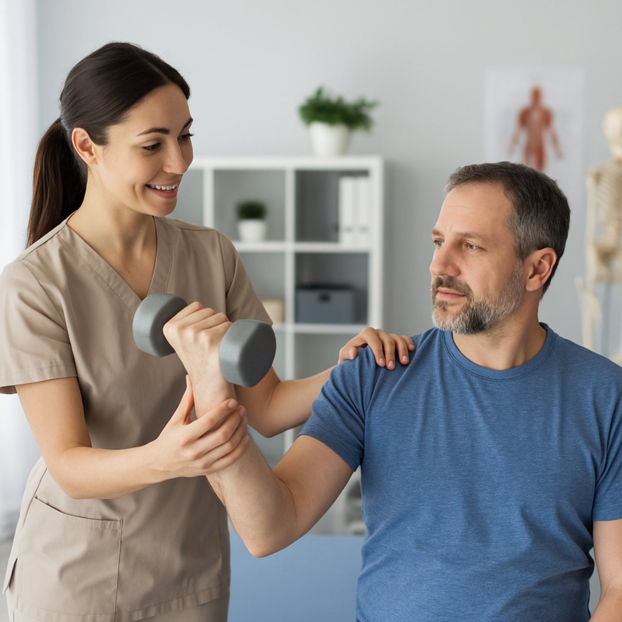 Occupational therapist helping a patient with rehabilitation exercises in a clinic.