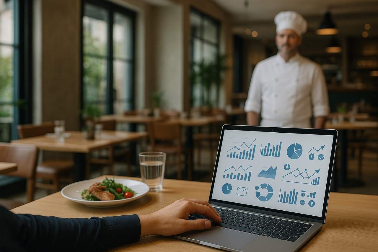 A person using a laptop with marketing analytics displayed on the screen, seated at a restaurant table with a plated meal, while a chef in uniform stands in the background.