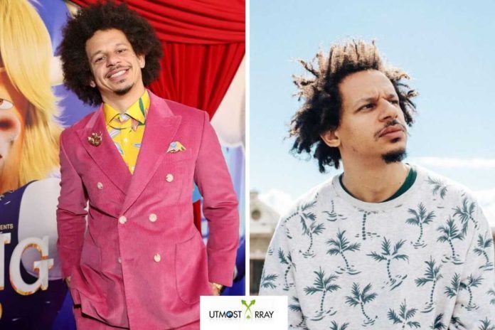Eric Andre Net Worth Eric Andre wearing a bright pink suit at a red carpet event (left) and casually dressed in a palm tree print sweatshirt outdoors under a blue sky (right).