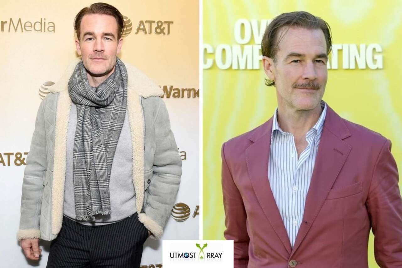 James Van Der Beek in two different outfits — a winter coat with scarf on the left and a red suit with a striped shirt on the right.