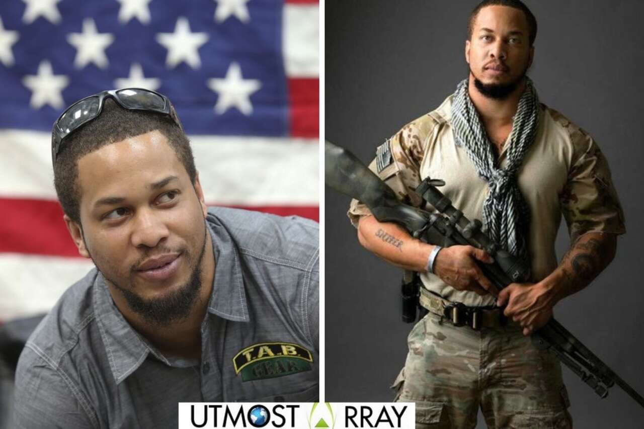 Nicholas Irving in casual wear beside a photo of him in military gear holding a sniper rifle.