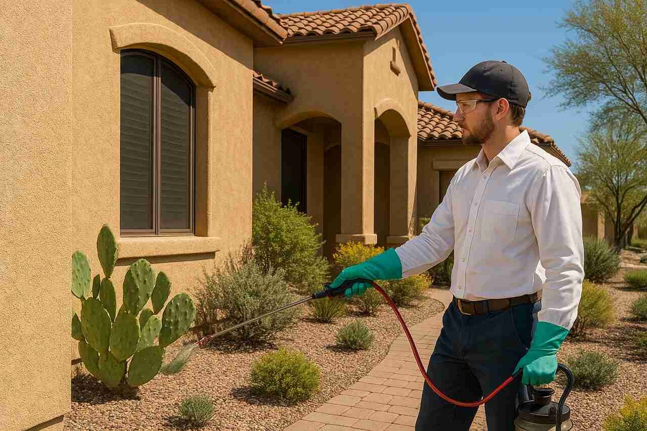 Arizona pest control technician spraying home exterior