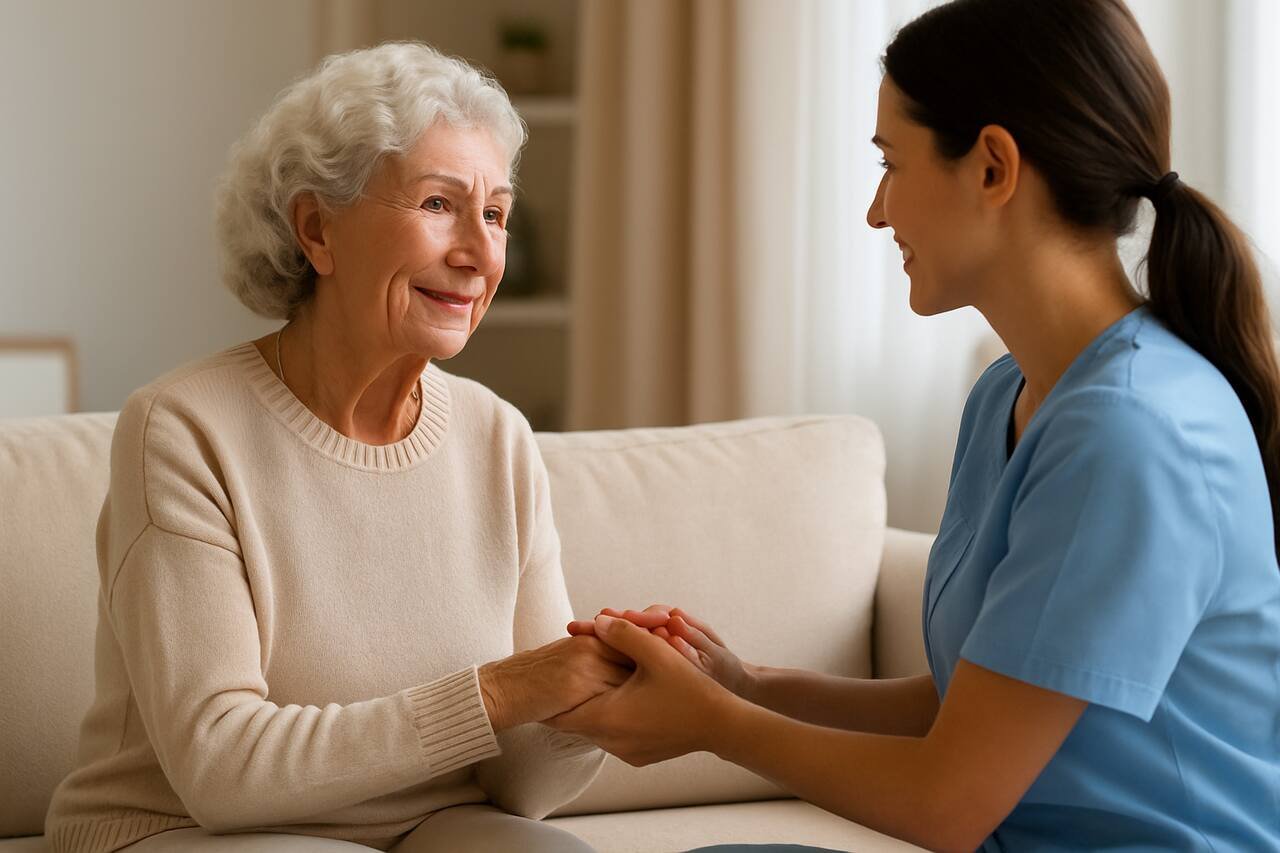 An elderly woman with white hair in a beige sweater sits on a light-colored sofa, smiling warmly as she holds hands with a caregiver in blue scrubs.