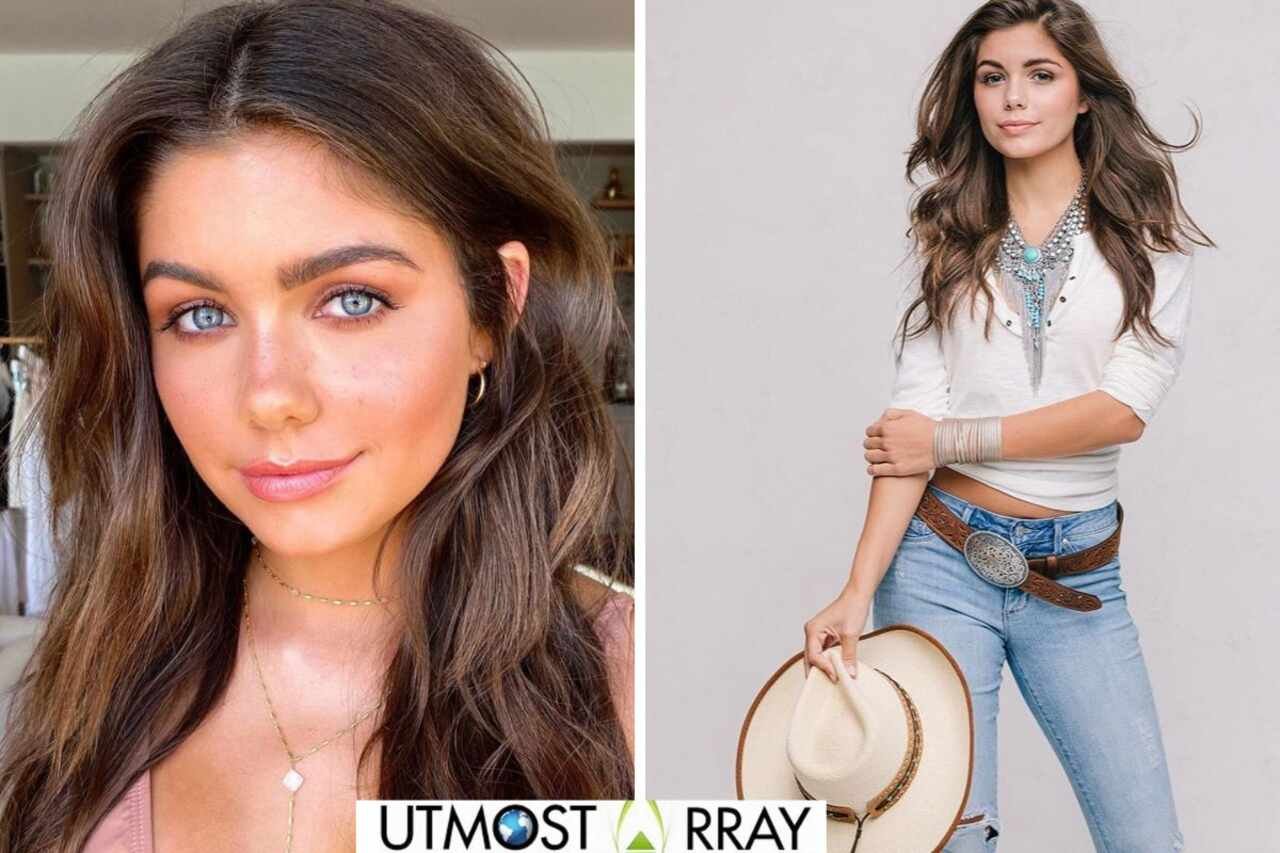 Hannah Ann Sluss in a close-up selfie and Western outfit collage.