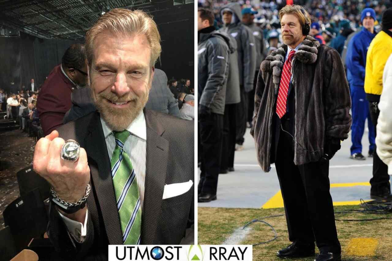 Howard Eskin displaying a championship ring in one image and standing on a football sideline in a fur coat and headphones in the other.