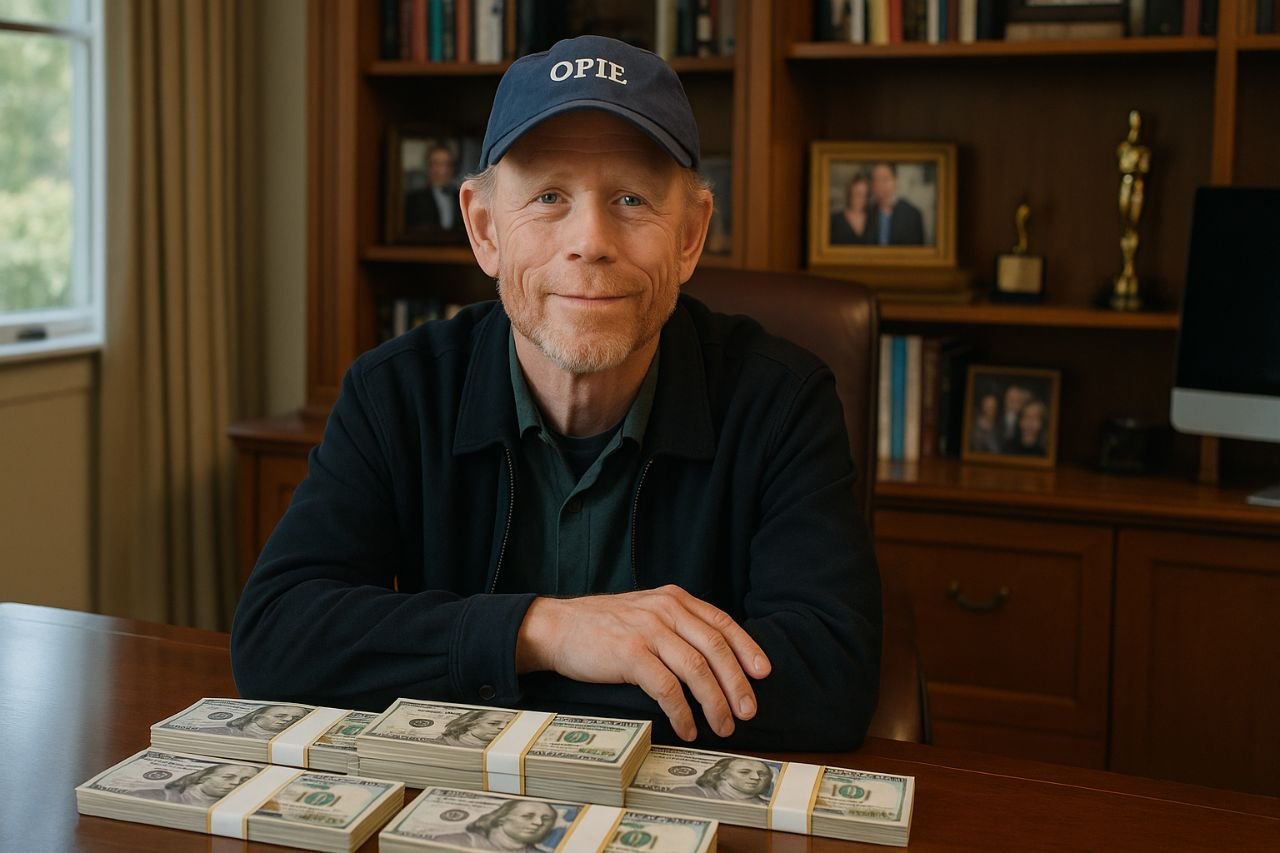 Ron Howard smiling at desk with money stacks in cozy office setting.