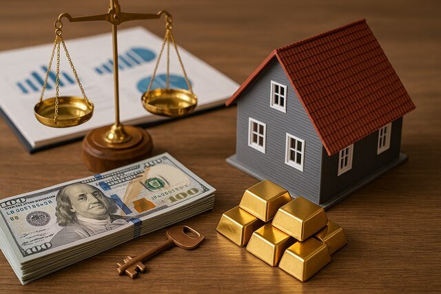 Real estate model, gold bars, cash, and scale symbolizing tangible investments
