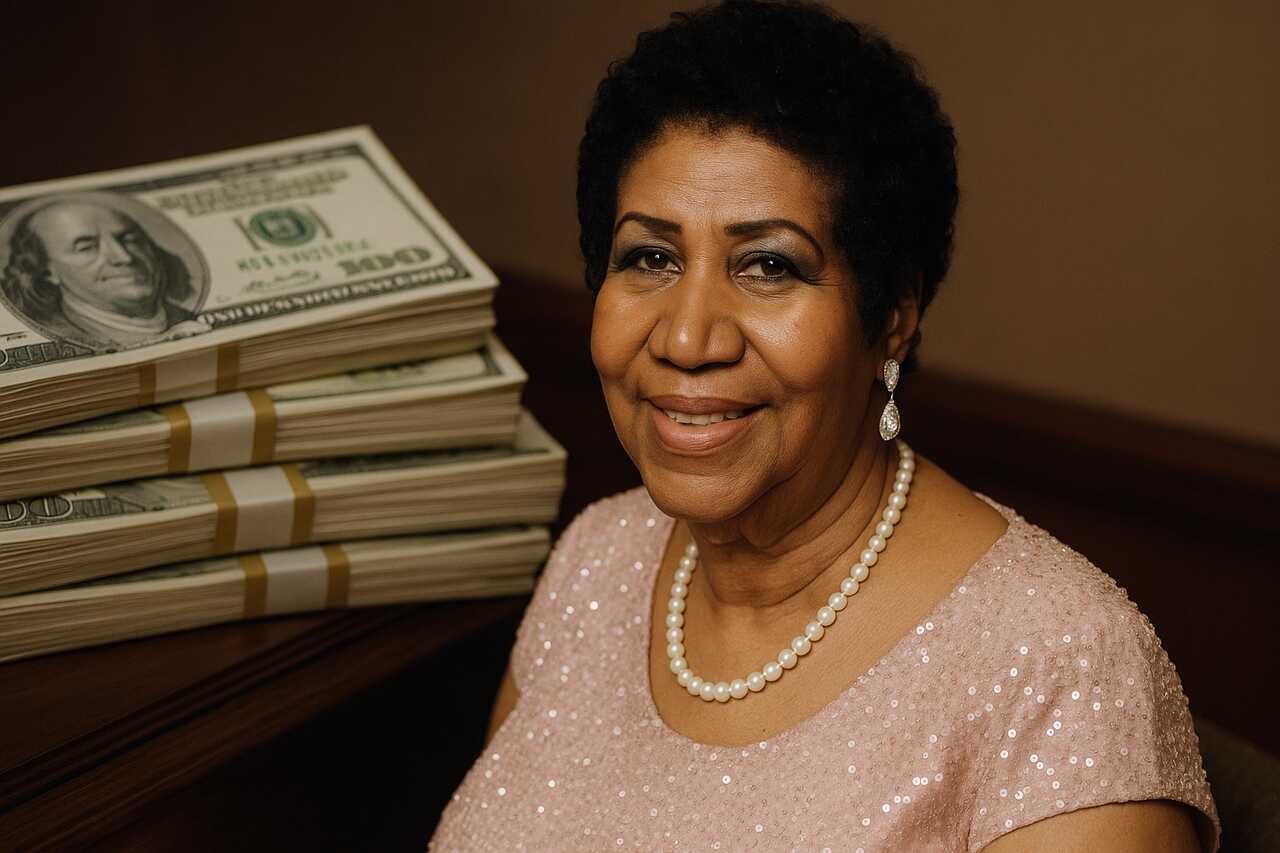 Aretha Franklin smiling with stacks of money in the background.