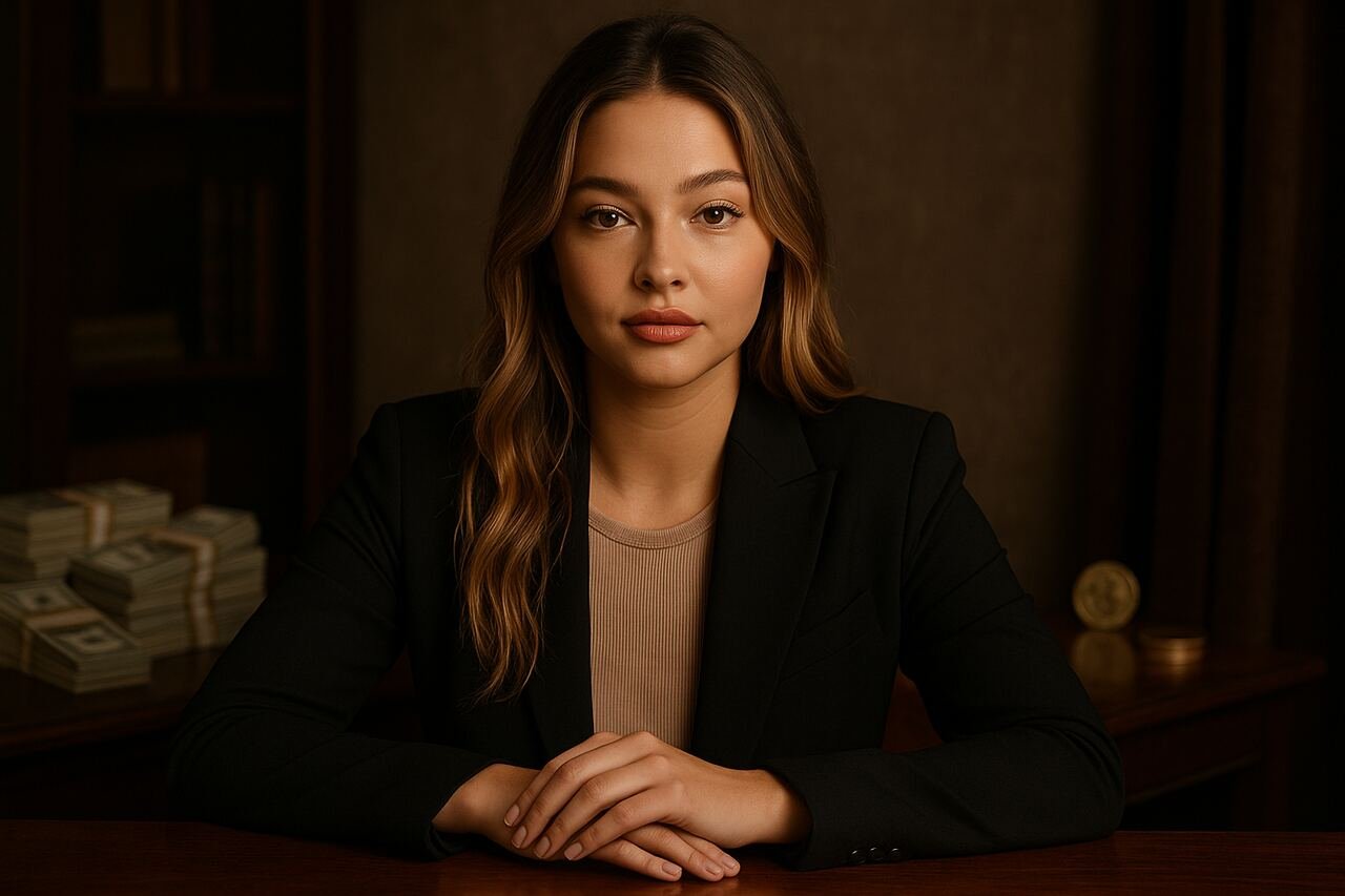 Madelyn Cline in a financial-themed portrait representing her net worth and career success.