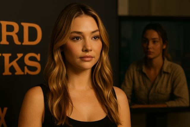 A cinematic portrait of a young actress resembling Madelyn Cline, showcasing her poised expression under studio lighting with a blurred film still in the background, symbolizing her dual presence in film and TV.