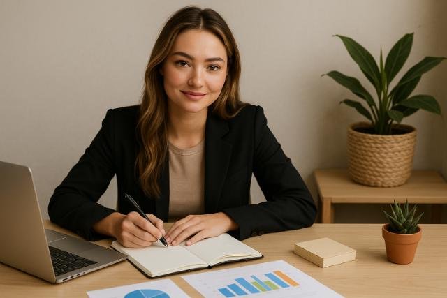 Woman planning business projects at a desk with charts and a laptop.