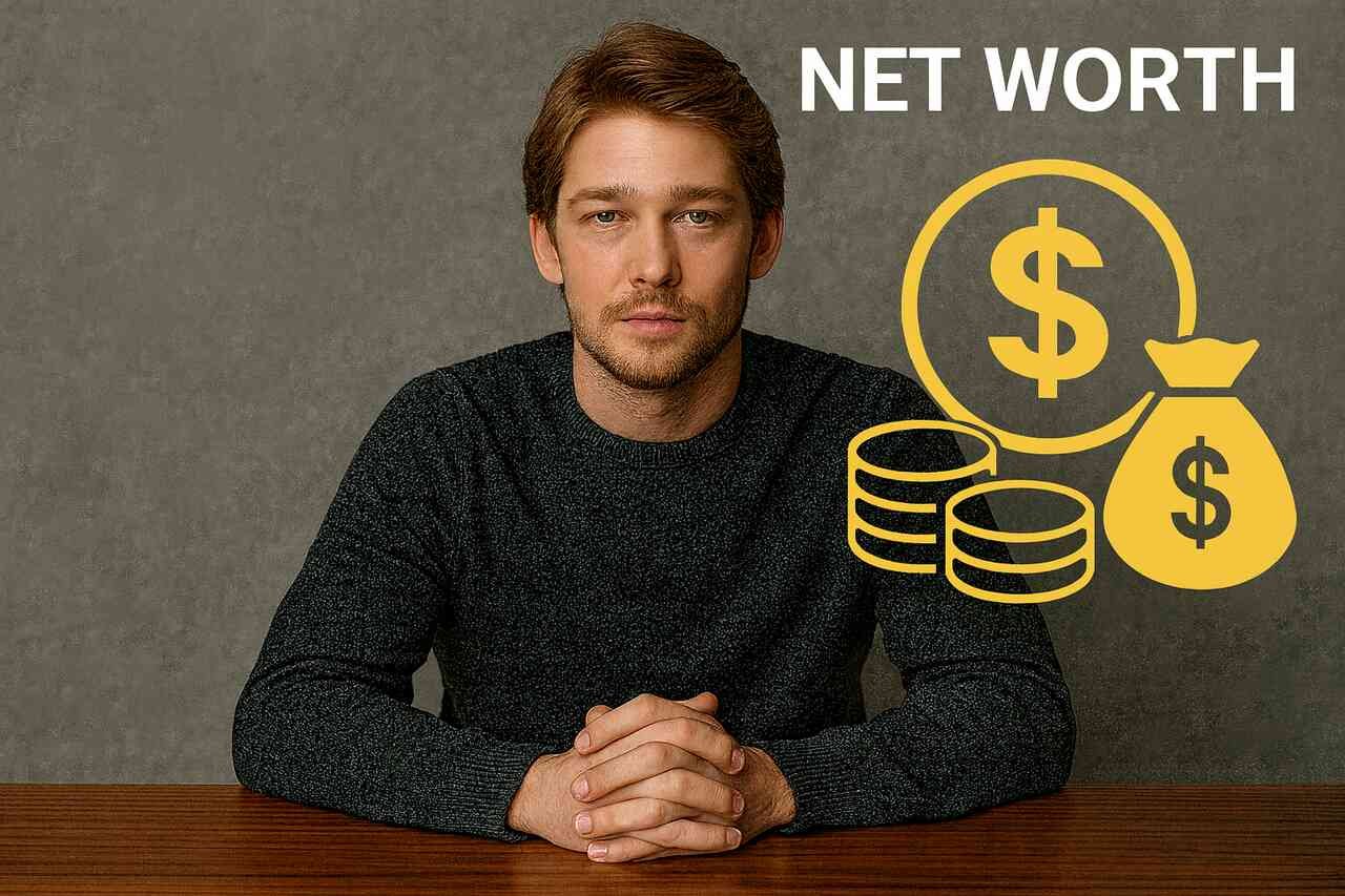 Joe Alwyn seated at a table, representing his career and net worth journey.