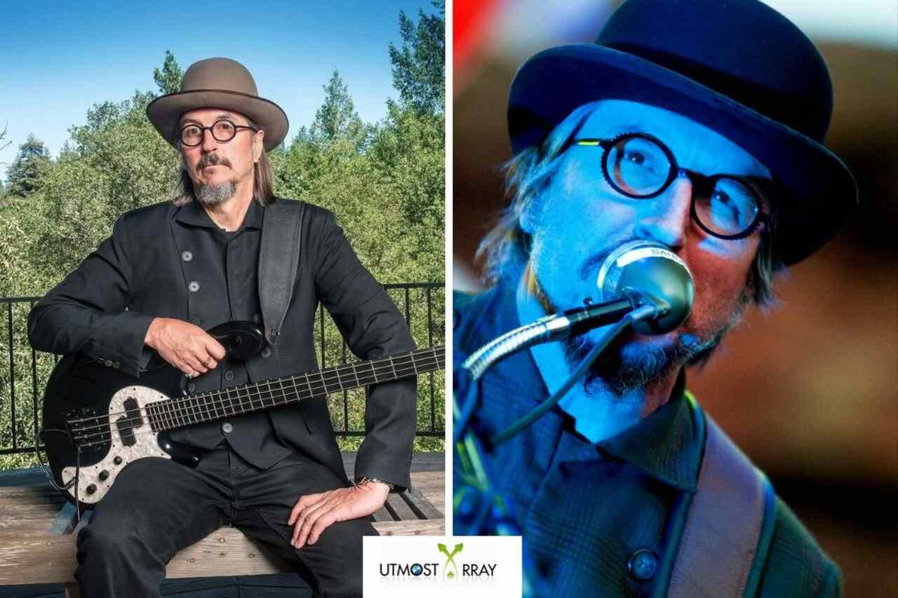 Les Claypool playing bass guitar outdoors in a suit and hat on the left; performing live under blue stage lighting on the right.