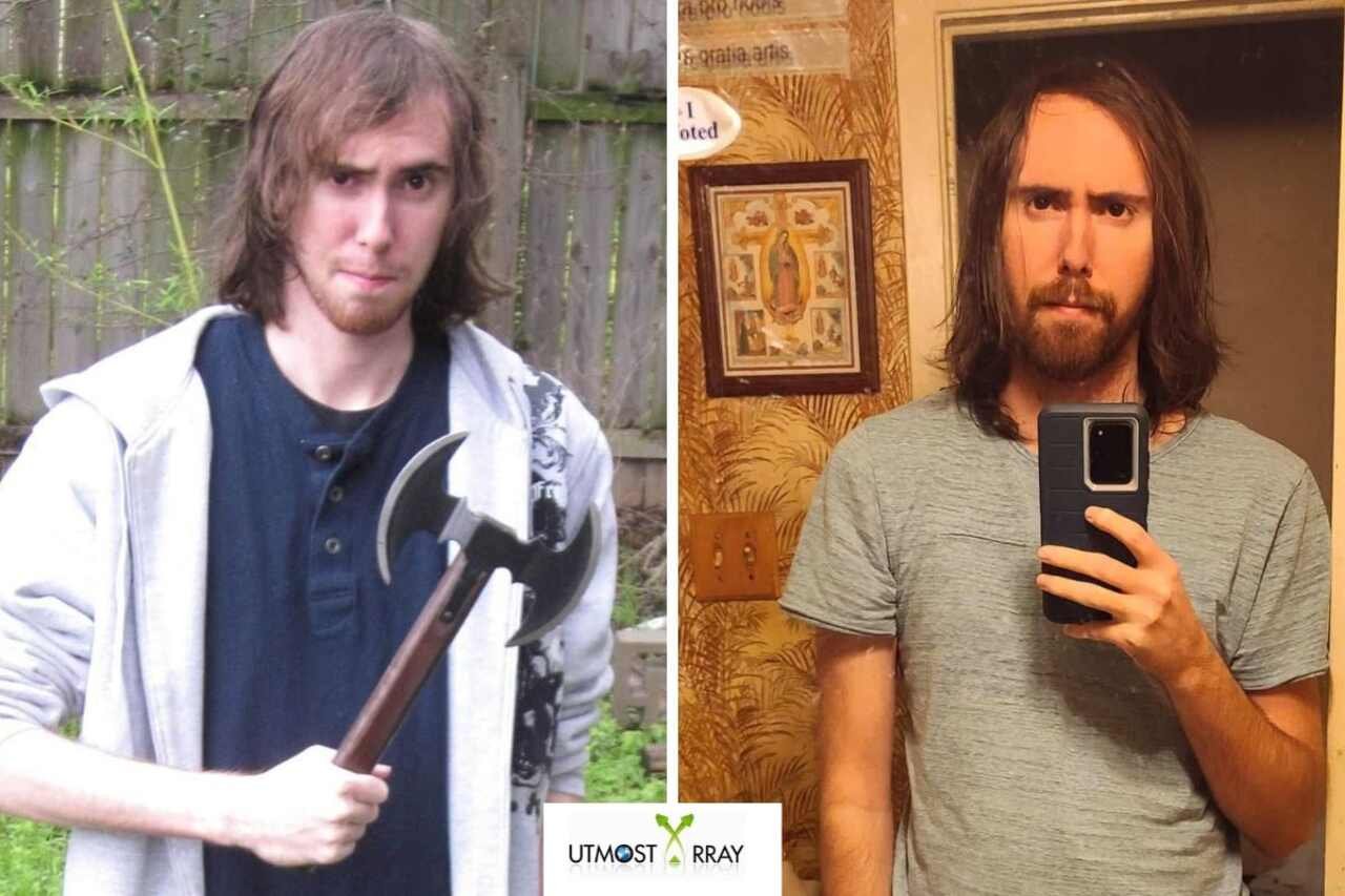 Side-by-side comparison of Asmongold, showing a younger version holding a fantasy axe on the left and a recent selfie in a mirror on the right.