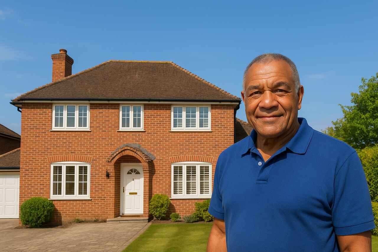 John Conteh standing in front of his modern red brick house.
