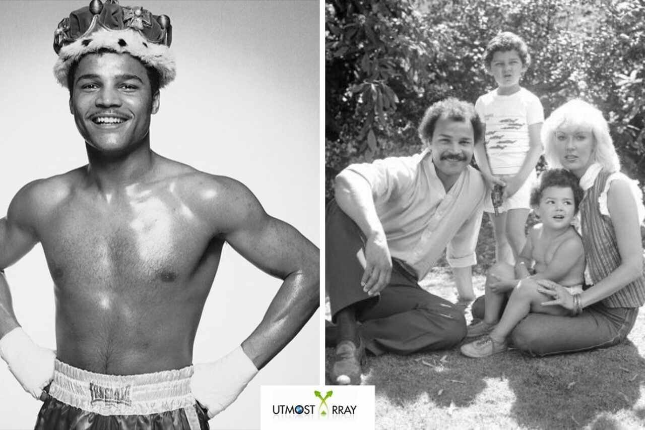 John Conteh wearing a crown and boxing gloves, and a vintage family photo showing him with wife Veronica Smith and their two children in a garden.