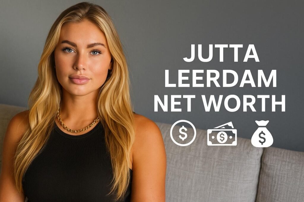 Jutta Leerdam with “Net Worth” text and money icons in a modern setting.