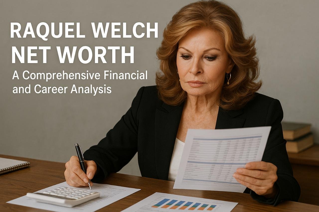 Raquel Welch reviewing financial charts at a desk.