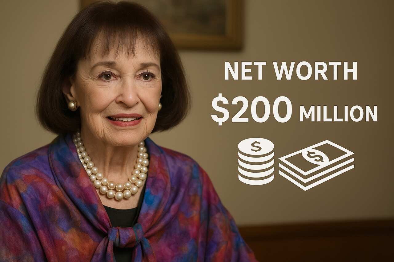 Gloria Vanderbilt with $200 million net worth text and financial icons