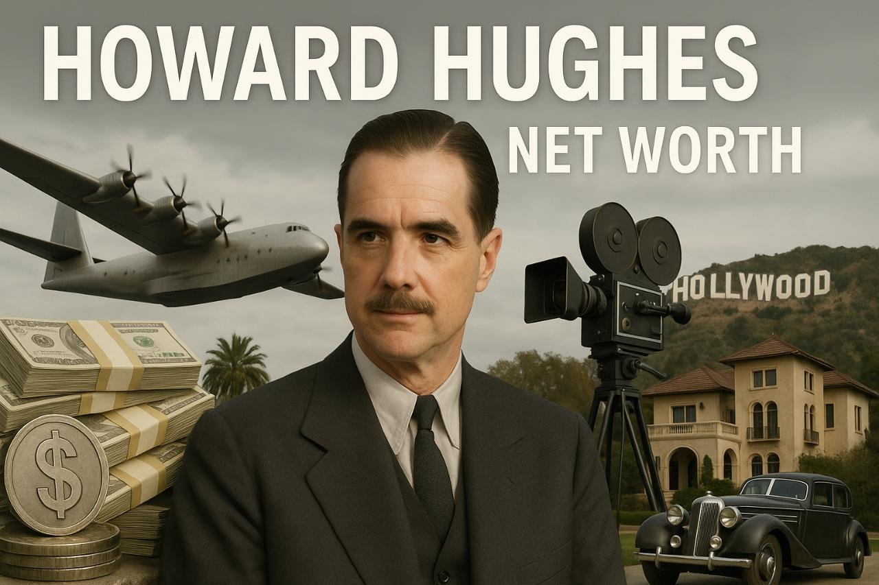 Howard Hughes surrounded by symbols of wealth, aviation, and film.
