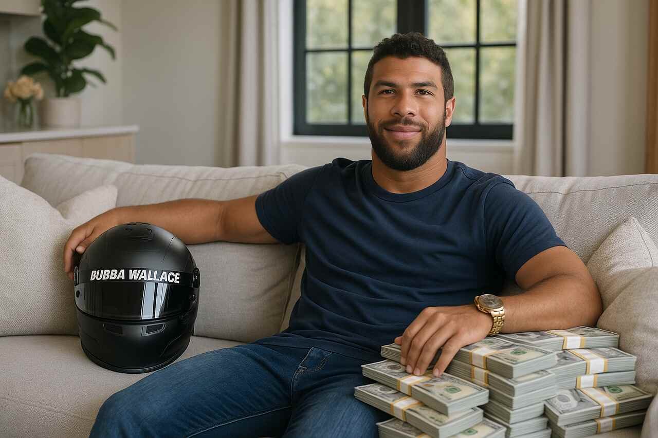 Bubba Wallace with money and helmet in modern living room