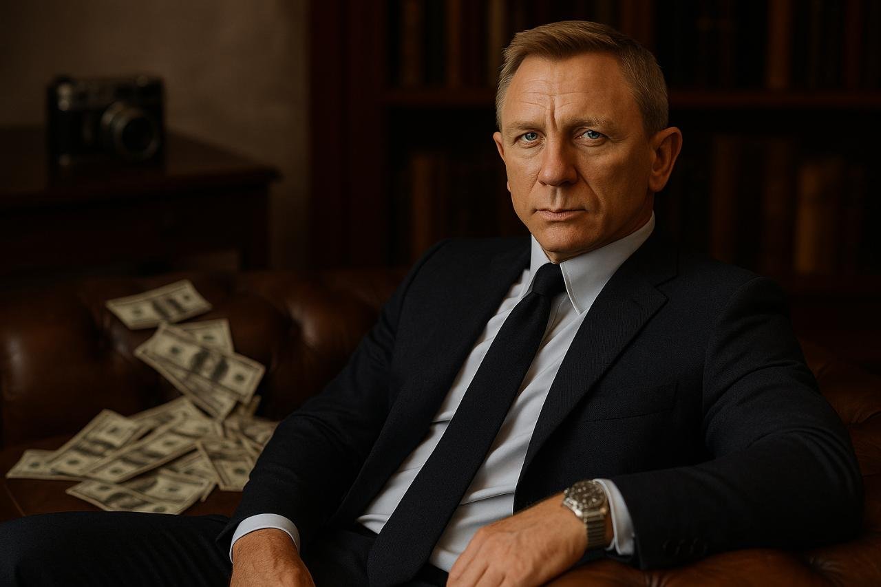 Daniel Craig in a suit surrounded by money, symbolizing his financial success.
