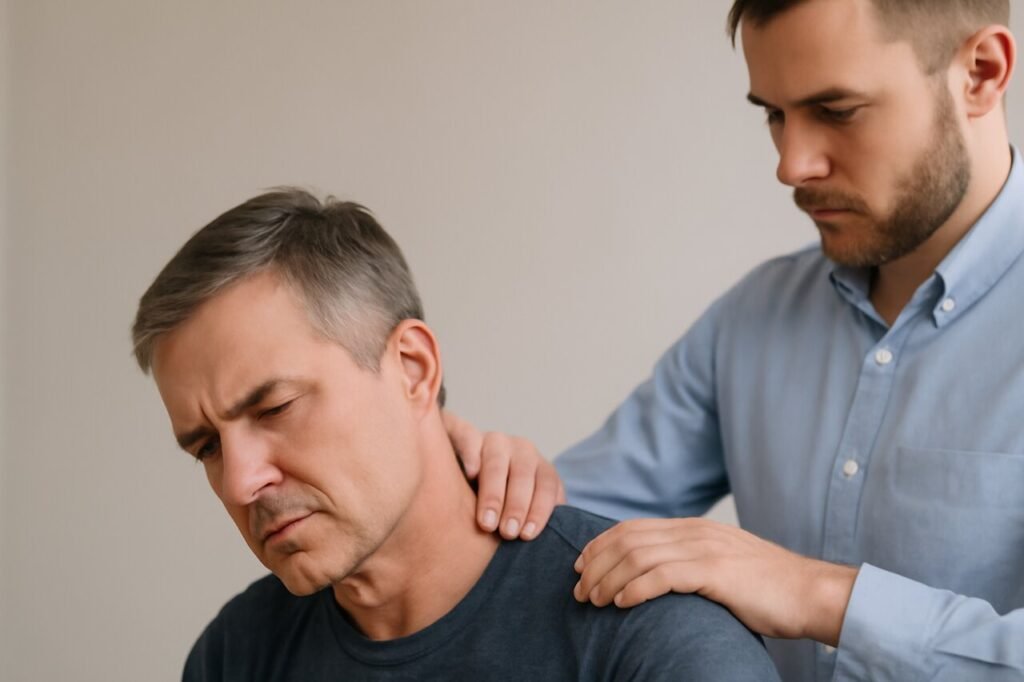 How to Choose a Chiropractor Who’ll Actually Fix Your Problem A chiropractor applying gentle pressure to the neck of a middle-aged man receiving therapy, both focused on the treatment. The man appears slightly discomforted, while the chiropractor looks focused and calm. The background is a soft, neutral beige tone.